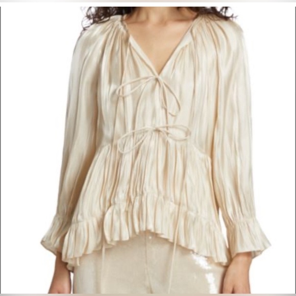 $325 Cinq à Sept Women's Alabaster White Chrystie Ruffle Satin Top Size S - Picture 1 of 11